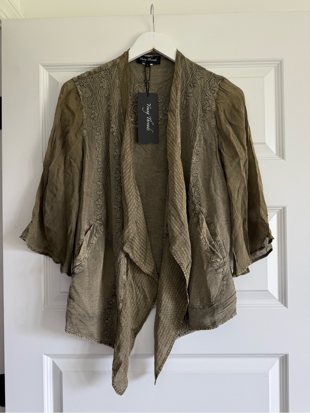 Young Threads NWT Olive Embroidered Boho Kimono Cardigan Size Large